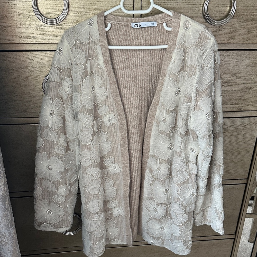 ZARA Floral Pearl Embellished Knit Cardigan – Beige / Cream - Picture 4 of 9